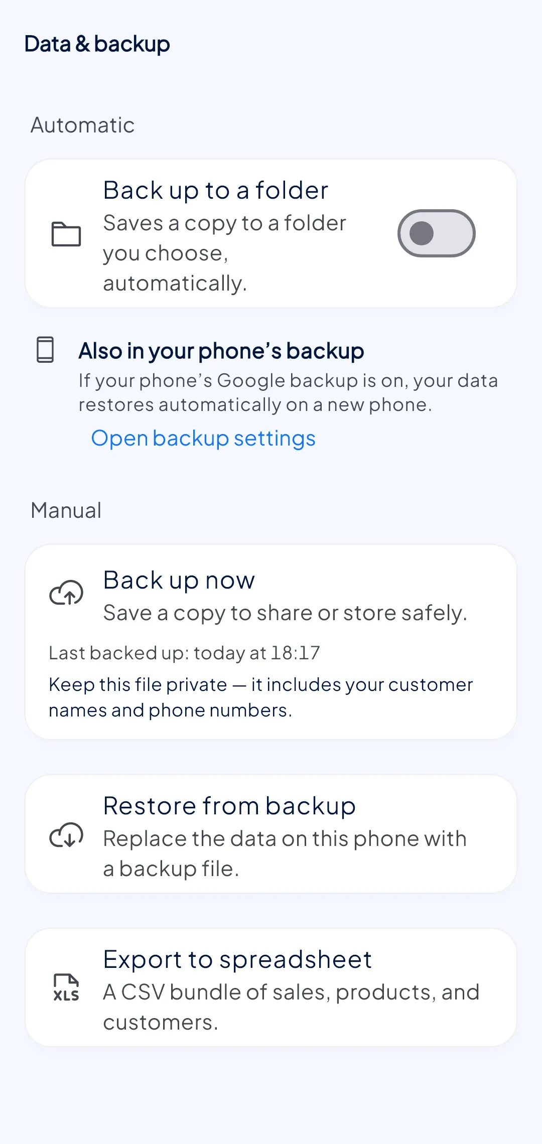 The backup screen, offering to save the whole business to a single file.