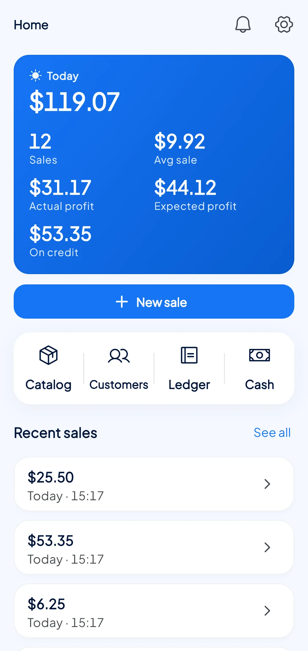 The Numa POS home screen, showing today's takings, profit and the amount owed on credit.