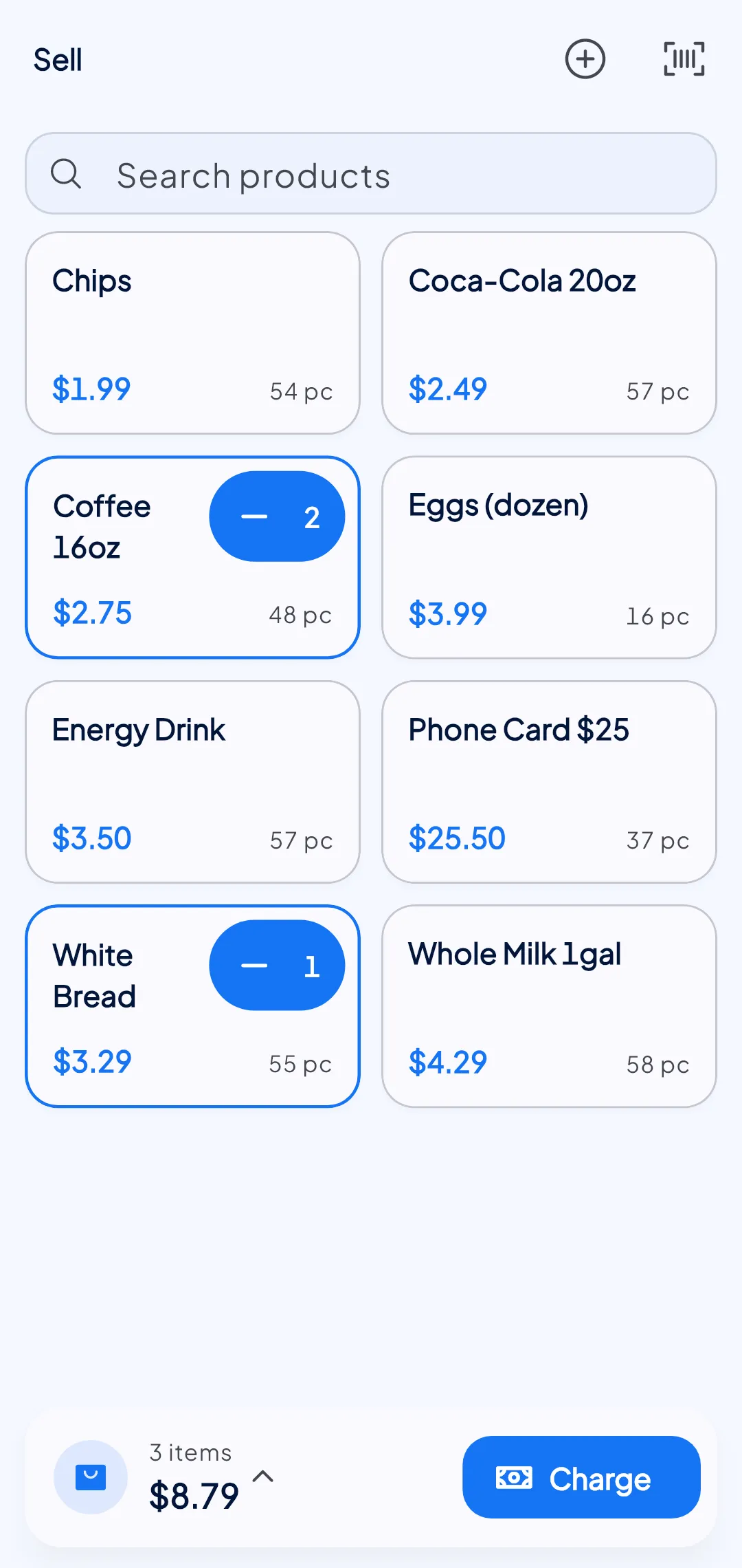 The Numa POS register, with a product grid and an open cart ready for checkout.